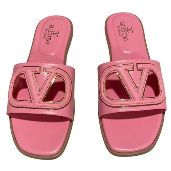Valentino V Logo Cutout Calfskin Pink Slide Shoes Size 8 - Picture 2 of 6